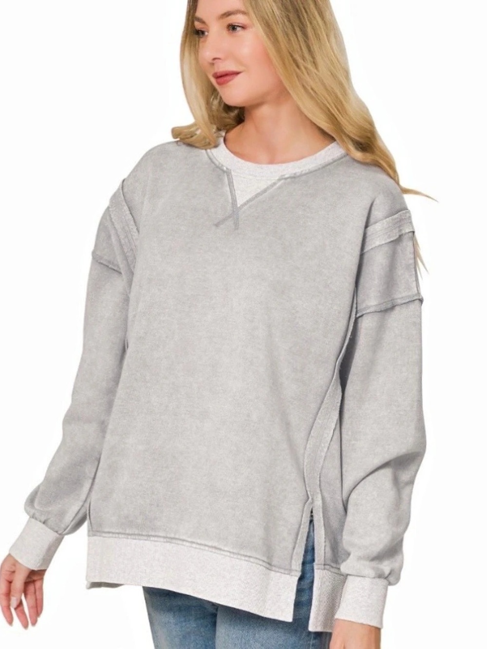 Zenana Acid Wash Exposed Seam Fleece Sweatshirt Gray